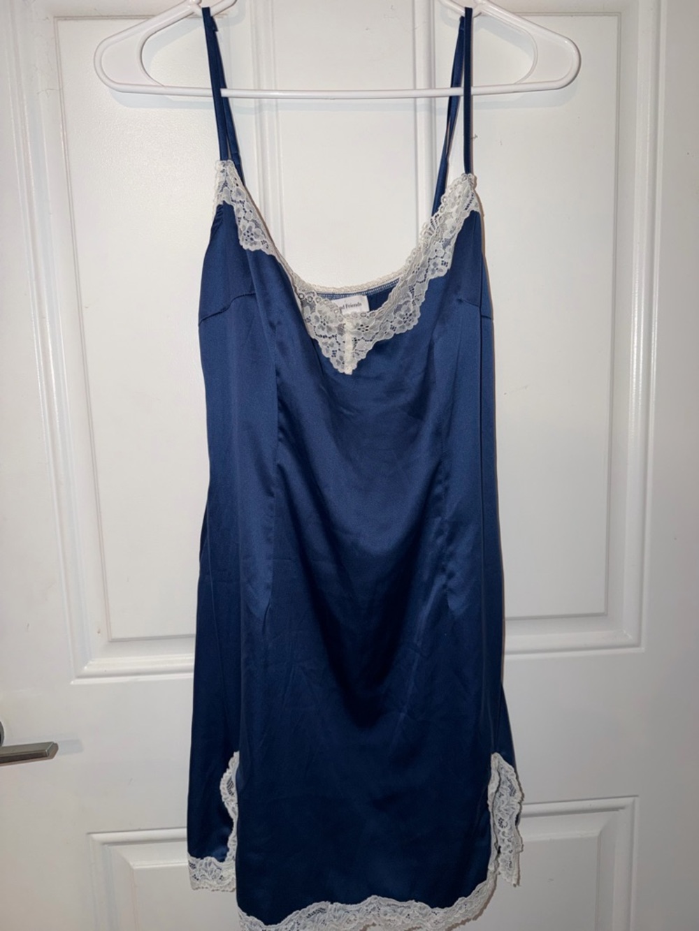 Lovers + Friends Navy Satin Chemise with White Lace Trim